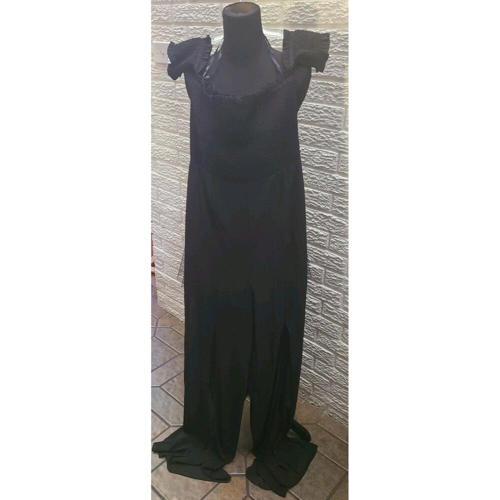Bebe Off Shoulder Rouched Jumpsuit Sz 8 Black Split Hem Chiffon Pant Chic Party
